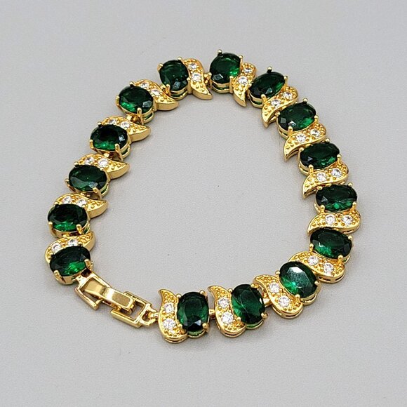 Gold Tone Bracelet With Green & Clear CZ Stones Prong Set Adjustable - Picture 3 of 7